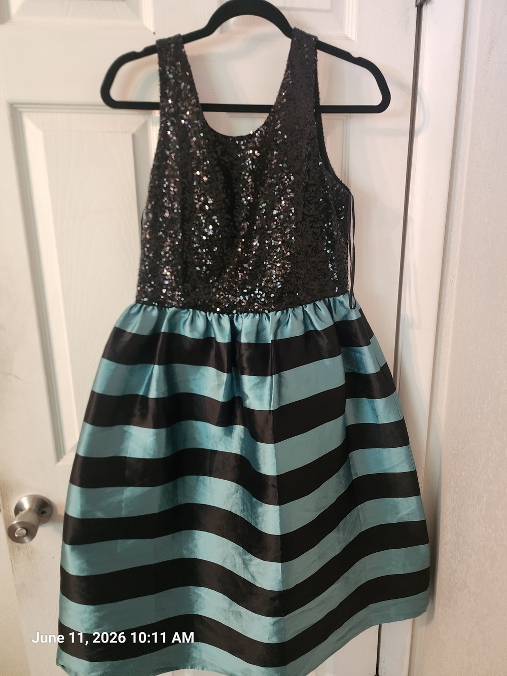 leifsdottir Black Sequin Bodice with Teal and Black Striped Skirt Prom Dress